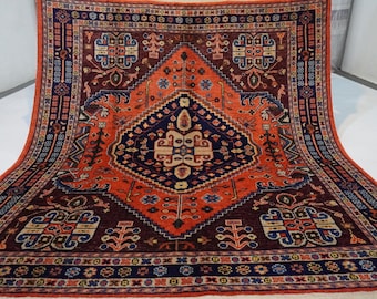 Dywan kwadratowy w kolorze pomarańczowym, 5'2x5'8 ft, turkmeński, kaukaski, geometryczny, ręcznie robiony, wełniany, orientalny, wzór vintage, do salonu, do biura