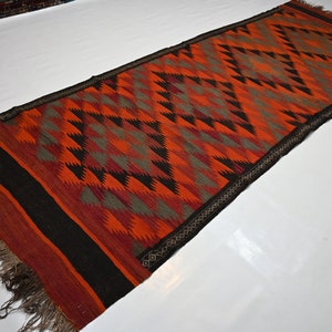 4x10 Vintage Kilim Runner Rug/ Geometric Ghalmoori Afghan Flatweave Kilim Rug/ Turkmen Handmade Wool Oriental Rug/ Orange Maroon Black Green