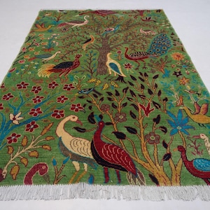 4x6 Afghan Rug/ Fern Green Pictorial Rug/ Peacock Birds Trees Rug/ Turkmen Fine Quality Handmade Soft Wool Oriental Rug/ Bedroom/ Kids Room