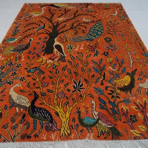 Orange Pictorial Rug 5x7 Afghan Handmade Rug/ Turkmen Wool Rug/ Peacock Birds Trees Portrait rug/ Oriental Rug/ Kids Room Rug/ Bedroom Rug