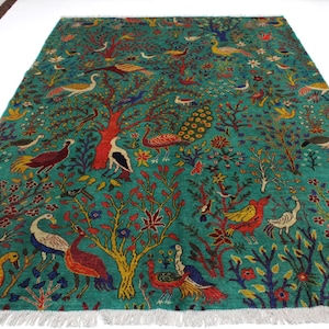 Turquoise Blue Pictorial Rug 7x10 Afghan Handmade Wool Area Rug/ Peacock Birds Trees/ Oriental Turkmen Tribal Haunting Piece/ Kids Room Rug