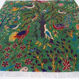 Green Pictorial Rug 5x5 Afghan Handmade Wool Square Rug/ Peacock Birds Trees Rug/ Oriental Turkmen Rug/ Living room Rug Kids Room 150x150 cm