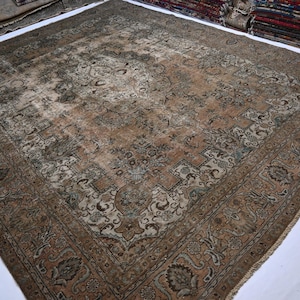 12x10 Large Afghan Rug/ Terracotta 1900s Antique Rug/ Handmade Wool Rug/ No Pile Distress Faded Rug/ Oriental Caucasian Rug/ Living Room Rug