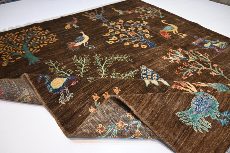 6x8 Dark Brown Pictorial Rug/ Peacocks Birds Afghan Wool Rug/ Handmade
