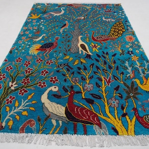 Turquoise Rug 4x6 Pictorial Rug/ Turkmen rug/ Afghan Handmade High Pile Wool Rug/ Oriental Rug/ Peacocks Birds Tree of life/ Kids Room Rug
