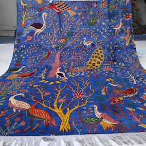 Blue Pictorial Rug 5x7 Afghan Handmade Wool Area Rug/ Peacock Birds Trees/ Oriental Turkmen Rug/ Living room/ Kids Room Rug 150x200 cm