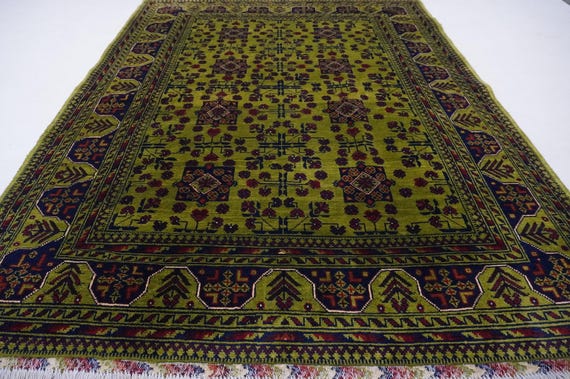 5x7 Rich Green Rug/ Turkmen Tribal Bukhara Rug/ Fine Quality Handmade Wool Rug/ Afghan Oriental Rug/ Rug for Bedroom Rug for Office/ Kitchen