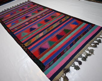 5x10 Vintage Kilim Runner Rug/ Geometric Mabasi Afghan Flatweave Kilim Rug Turkmen Handmade Wool Oriental Rug/ Pink Green Blue Red Turquoise