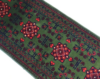 Tappeto afghano Bukhara 1'8x5'2 50 x 155 cm Splendido tappeto verde in lana a pelo morbido/ Tappeto orientale turkmeno/ Tappeto da corridoio/ Tappeto da cucina/Ufficio 2x5