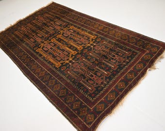 Tappeto vintage afgano 4x6 Tappeto turkmeno geometrico Baluchi degli anni '60 Tappeto antico / Tappeto in lana fatto a mano / Tappeto da soggiorno / Tappeto da camera da letto / Tappeto da ufficio