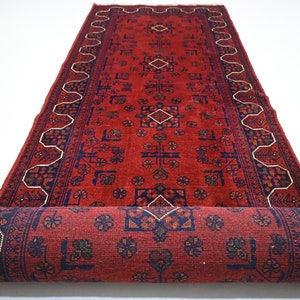 Alfombra roja de 3 metros de largo, estilo turcomano-bujara, hecha a mano 100 % lana, estilo afgano oriental Khal Muhammadi, para cocina y pasillo.