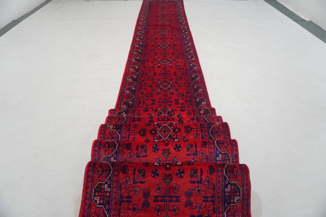 26 Ft Runner Rug/ Hand Knotted Wool Rug/ Afghan Bukhara Design Red ...