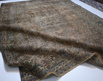 Alfombra de terracota marrón de 8x11 (245 x 335 cm) Alfombra afgana de lana hecha a mano / Alfombra turcomana caucásica / Alfombra oriental de pelo corto con efecto desgastado para dormitorio