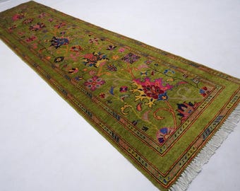 10-löparmatta/ Grön Bijdarmatta/ Handknuten afghansk fin turkmensk ullmatta/ Orientalisk blommig matta/ Köksmatta/ Hallmatta