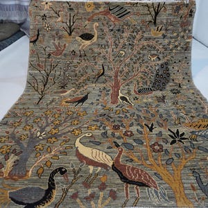 Natural Rug 5x7 Peacock Birds Trees Pictorial Rug/ Afghan Handmade Wool Area Rug/ Gray Oriental Turkmen rug/ Art Work decor Kids Room Office