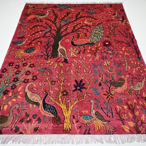 Pink Pictorial Rug 5x7 Afghan Handmade Wool Area Rug/ Peacock Birds Trees Shekar Gah Rug/ Oriental Turkmen Tribal Haunting Piece/ Kids Room