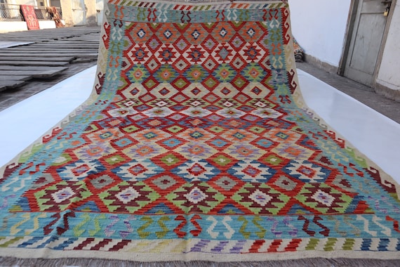 7x10 幾何学模様のキリムエリアラグ/オレンジブルーグリーンの本格的な