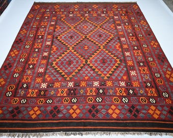 7x9 Large Antique Flatweave Kilim Rug/ Afghan Rug 7x8'5 ft Terracotta Handmade Wool Rug/ Turkmen Tribal Geometric Rug/ Living Room Rug