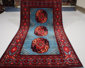 Blue Tekke Bukhara Rug 3&#39;4x5&#39;8 Afghan Handmade Wool Area rug/ Oriental Turkmen Rug/ Elephant foot design Tribal Rug/ Entry way/ Kitchen rug