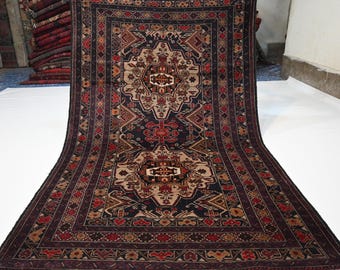 1950s Antique Rug/ Geometric Baluchi Rug/ 4x7 ft Handmade Wool Rug/ Turkmen Tribal Rug/ Afghan Oriental Area Rug Office Rug/ Living Room Rug