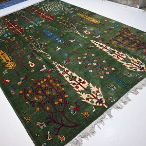 7x10 Green Pictorial Rug/ Afghan Rug 200x300 cm Stunning Tree of Life design Rug/ Handmade Wool Rug/ Oriental Rug/ Kids Room Living Room Rug