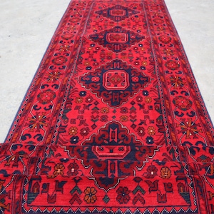 Alfombra de pasillo de 13 pies de largo, alfombra turcomana de Bukhara, alfombra de lana 100 % hecha a mano, alfombra afgana oriental Khal Muhammadi, alfombra de cocina, alfombra de pasillo
