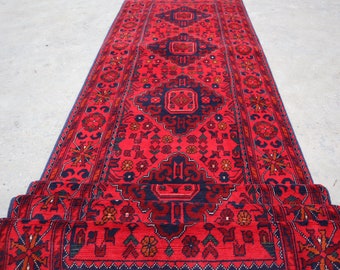 Red 13 ft Long Runner Rug/ Turkmen Bukhara Rug/ Handmade 100% Wool Rug/ Khal Muhammadi Oriental Afghan Rug/ Kitchen Rug/ Hallway Runner Rug
