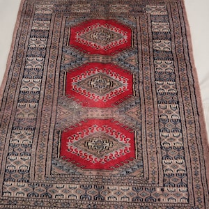 Antique Kashmiri Rug 2x3 ft Handmade Wool Rug/ Turkmen High Pile Soft Tribal Rug/ Afghan Vintage Rug/ One of a Kind Red Carpet/ Kitchen Rug
