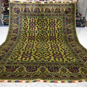 5x7 Afghan Super Fine Green Bukhara Rug/ Rich Colors Turkmen Hand Knotted Wool Rug/ Oriental Area Rug/ Bedroom Rug/ Living Room Rug 150x200