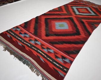 4x9 Red Vintage Kilim Rug/ Turkmen Handmade Wool Rug Geometric Flatweave Kilim Rug/ Oriental Rug Turkmen Tribal Rug/ Kitchen Runner Rug