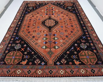 Terracotta Vintage Pattern Rug 7'10x10'4" Turkmen Caucasian Geometric design High Pile Area Rug/ Handmade Wool Rug/ Orange Shape Bedroom Rug