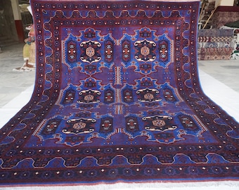 8x10 ft Large Area Rug/ Afghan Caucasian Rug/ Rich Blue Red Turkmen Tribal Door Design/ Handmade Wool Rug/ Fine Oriental Rug Living Room Rug