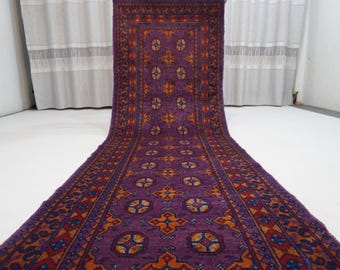 Purple Blue Orange 3x8 ft Runner Rug/ Turkmen Mowri design Rug/ Afghan Handmade Soft Pile Wool rug/ Oriental Rug/ Entry way/ Hallway Runner