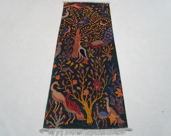 7 ft Runner Dark Green Rug/ Peacock Birds Trees Pictorial Rug 2'6x6'6 ft Runner Rug/ Turkmen Handmade Wool Rug Afghan Rug Hallway Runner Rug