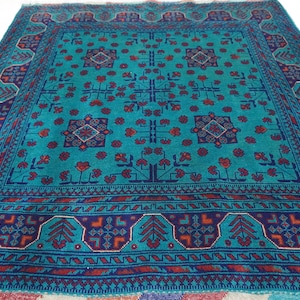 5x5 Turquoise Square Rug/ Turkmen Khal Muhammadi Bukhara rug/ Handmade Wool Rug/ Vintage Pattern Oriental Rug/ Living Room Rug for Bedroom