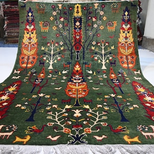 5x7 Collector&#39;s Piece/ Fine Quality Tree of life Rug/ Green Oriental Rug/ Exquisite Pictorial/ Afghan Handmade High Pile Wool Kids Room Rug