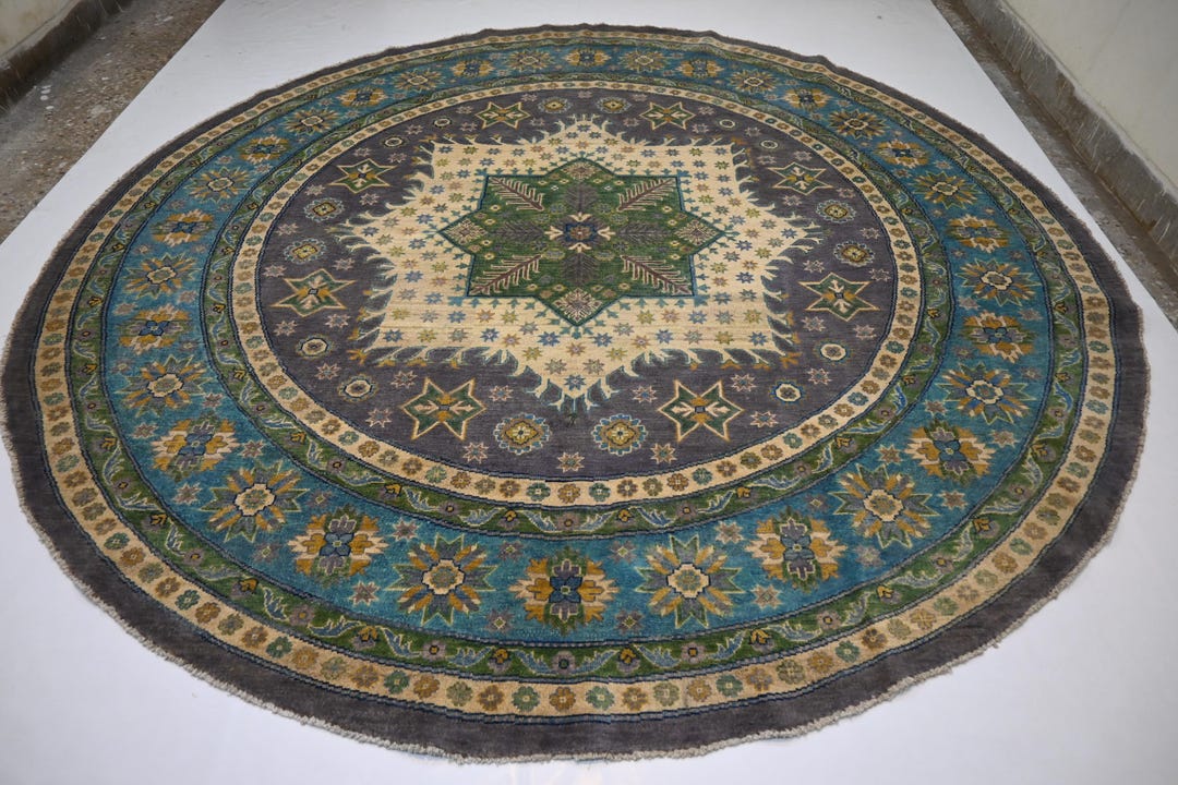 10x10 Neon Rug 10x10 Round Rug/ Green Beige Gray Turquoise Rug/ Afghan Square Rug ...