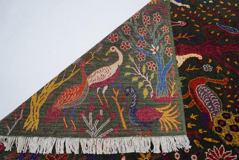 Dark Green Pictorial Rug 5x7 Afghan Handmade Wool Area Rug/ Peacock