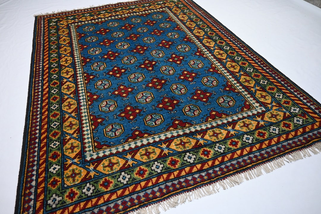 5x6'5 Ft Blue Bukhara Rug/ Afghan Handmade Wool Rug/ Turkmen Tribal ...