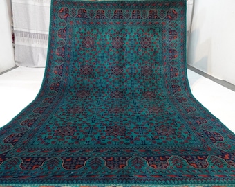 Dark Turquoise Afghan Custom Rugs/ Turkmen Tribal Bukhara Rug/ Soft Pile Area Rug/ Handmade Wool Rug/ Hallway Runner Rug/ Bedroom Square Rug