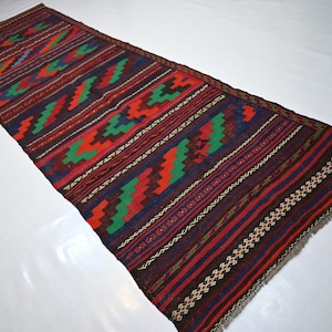 3x10 Vintage Kilim Runner Rug/ Geometric Ghalmoori Afghan Flatweave Kilim Rug/ Turkmen Handmade Wool Oriental Rug/ Terracotta Orange Green