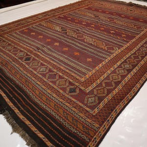 1920s Antique Rug/ 5&#39;8x8&#39;6&quot; Handmade Wool Sumak Flatweave Kilim Rug/ Turkmen Afghan Vintage Terracotta Faded Rug/ One of Kind Oriental Rug