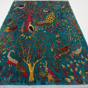 Turquoise Pictorial Rug 4&#39;8x6&#39;9&quot; Modern Area rug/ Afghan Handmade Wool Rug/ Kids Room/ Oriental Hunting Rug/ Turkmen Peacock Birds Trees Rug