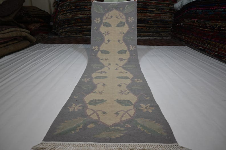 2 x 8 ft löparmatta/ Beige afghansk flatvävd Kilimmatta/ Turkmensk handgjord ullmatta/ 70 x 250 cm Vegetabiliska färgämnen Matta/ Turkmensk matta/Löpare i korridoren bild 4