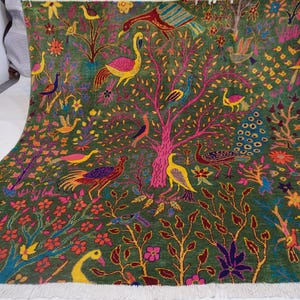 6&#39;5x6&#39;8 ft Green Pictorial Rug 7x7 Afghan Handmade Wool Rug/ Peacock Birds Trees Rug/ Oriental Turkmen Tribal Rug/ Kids Room Rug/ 200x200 cm