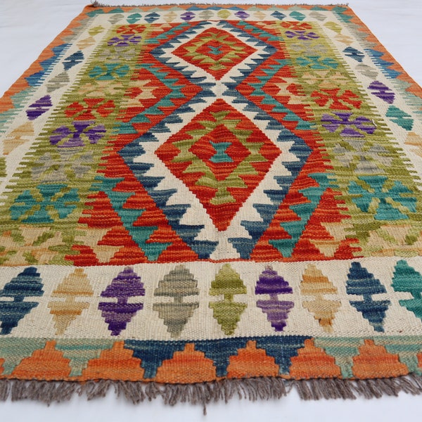 3'4x5 ft Afghan Kilim Area Rug/ Geometric design/ Flatweave Handmade Wool Modern Maimana Kilim Rug/ Rug for Bedroom/ Office/ Kitchen Rug 3x5