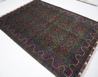 Tappeto Bukhara verde 6x8/tappeto tribale afgano pregiato/tappeto turkmeno annodato a mano in lana super fine e morbida/tappeto orientale/tappeto per camera da letto e soggiorno