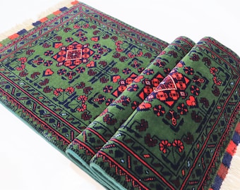 1'8x5'0 Afghan Bukhara Rug 50x150 cm Stunning Soft Pile Wool Fine Green Rug/ Oriental Turkmen Rug/ Hallway Runner/ Kitchen Office Runner 2x5