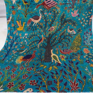5x5 Turquoise Square Rug/ Pictorial Rug/ 150x155 cm Handmade Wool Rug/ Birds Peacocks Trees Rug/ Rare Size Rugs/ Bedroom Rug/ Kids Room Rug
