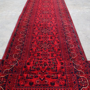 Afghan Bukhara Rug 13 ft Runner Rug/ 2&#39;9x13 Stunning Handmade Wool Rug/ Khal Muhammadi Rug/ Oriental Turkmen Rug/ Tribal Hallway runner Rug